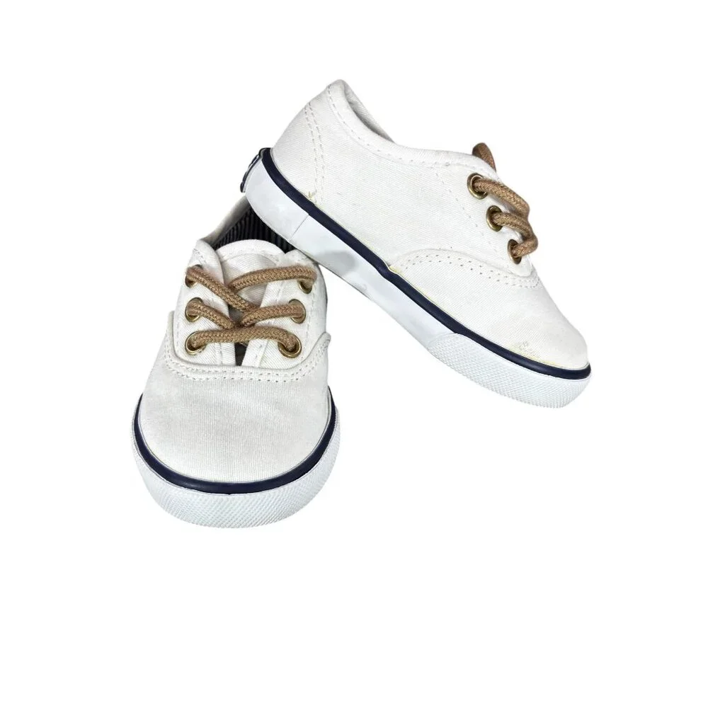 Janie And Jack Toddlers Canvas Sneakers Size 4 White & Beige Rubber Sole